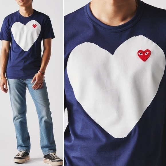 Comme Des Garcons Play T-Shirt Graphic Heart Crew Short Sleeve Blue Streetwear M - Picture 1 of 11